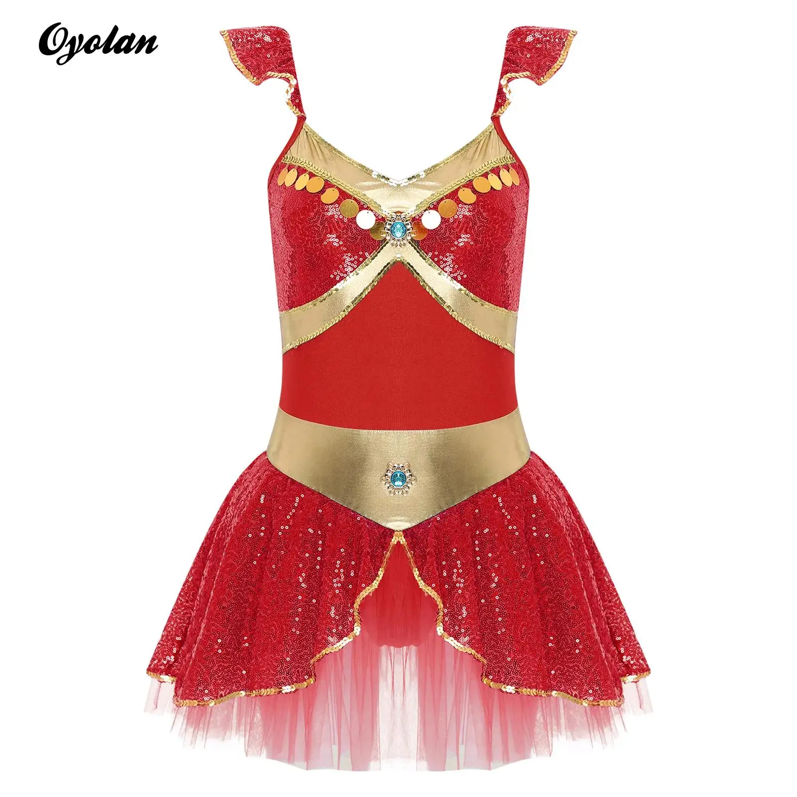 Womens Arabian Oriental Fairy Tale Circus Cosplay Costumes Sequin Rhinestone Princess Queen Tulle Belly Dance Dress with Briefs