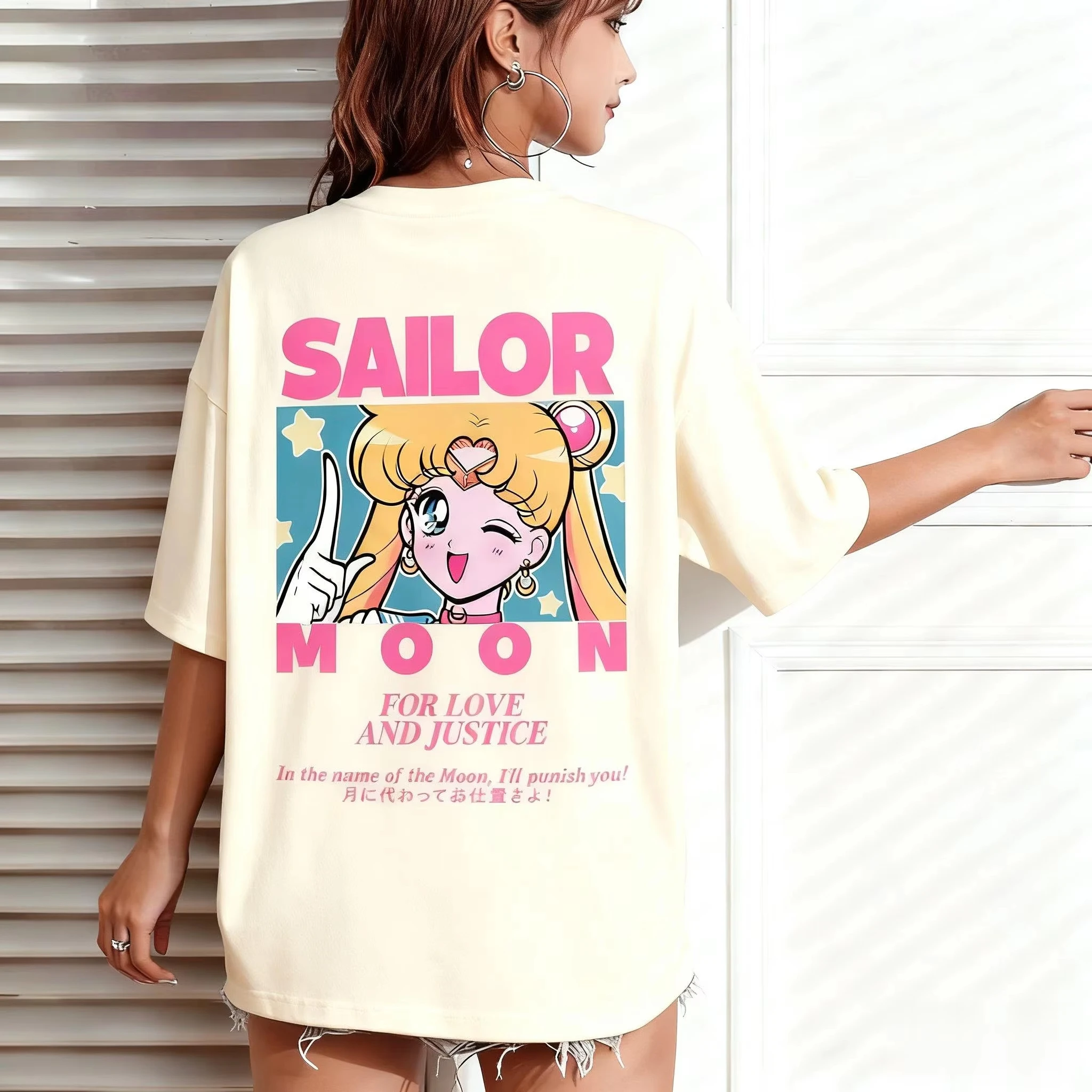Damen-T-Shirt mit lockerem Schnitt, Sailor Moon-Anime-Motiv, süßes Sommer-Design, kurzärmelig, Y2K-Streetwear, lässige Mode, Damen-Oberteile mit grafischem Aufdruck. – Detail 2