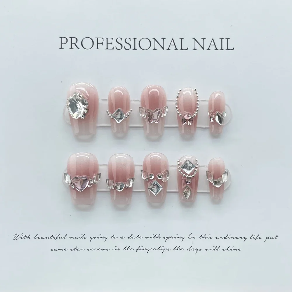 

Handmade Fairy Press on Nails Short Korean Design with Rhinestone Reusable Adhesive False Nails Long Acrylic Nail Tips Nail Art