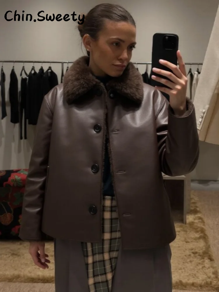 معاطف جلدية نسائية دافئة قابلة للعكس مع طية صدر السترة فضفاضة وأكمام طويلة وجيوب واحدة معطف لخريف وشتاء 2025 ملابس خارجية للسيدات #4