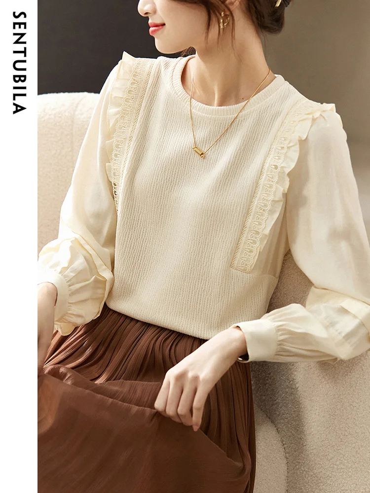 SENTUBILA French Knitted Sweaters for Women Elegant Crew Neck Office Lady Spliced Knitwear Tops Fashion Solid T Shirts 131H44886