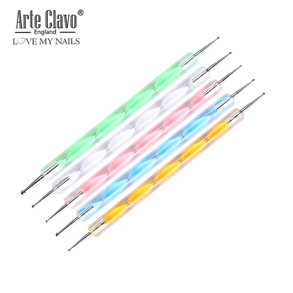 Arte Clavo 5pcs Professional Drawing Nail Pen Nail Art Pen 2 Way Dotting Pen Set For UV Gel Nail Painting Brush Rhinestones Tool