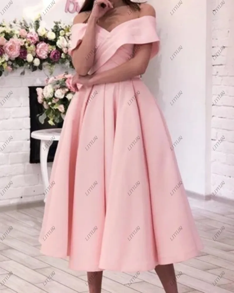 LIYYLHQ Pink Saudi Arabic Evening Dresses Long Sleeve Gala Outfits Satin Dubai Wedding Party Dress Tea Length Women Prom Party