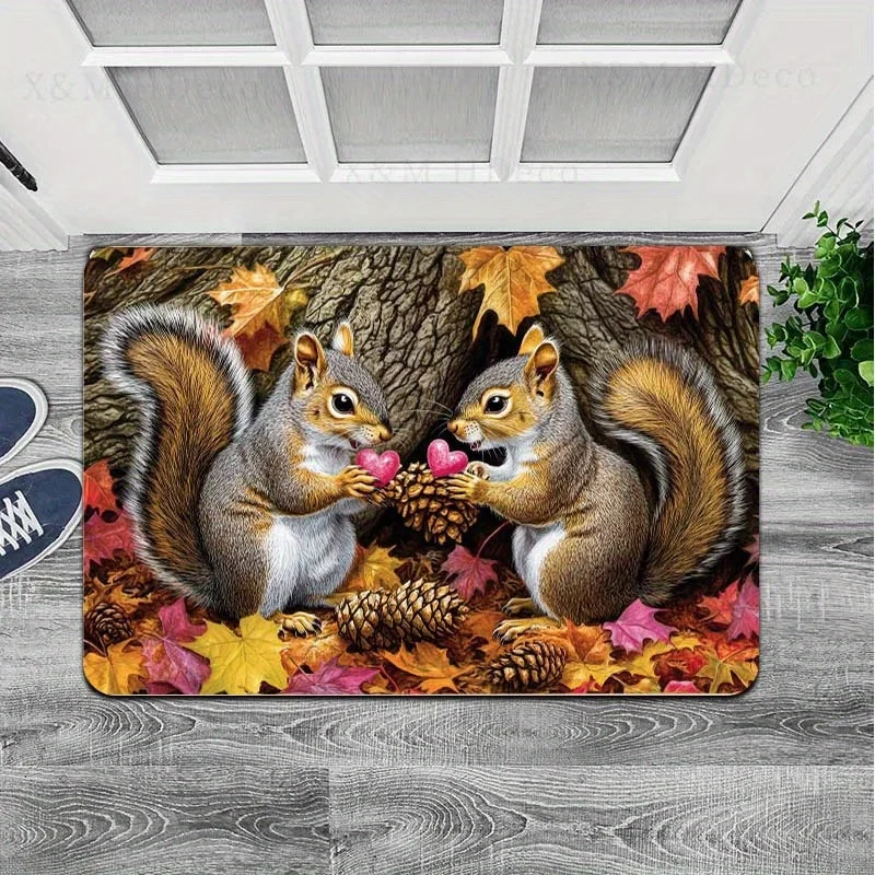 1pc Non-Slip Floor Mat - Soft Autumn Squirrels with Heart, Machine Washable Door Mat, Cushioned PVC Backing for Entryway, Kitc