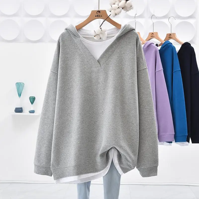 Frühling Herbst übergroße lässige einfarbige Hoodies Femme Einfachheit Patchwork lose All-Match-Top-T-Shirt Frauen Kleidung Sweatshirts