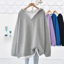 Hoodies monocromáticos casuais femininos, simples patchwork, top solto que combina com tudo, tee grande, roupas femininas, primavera, outono