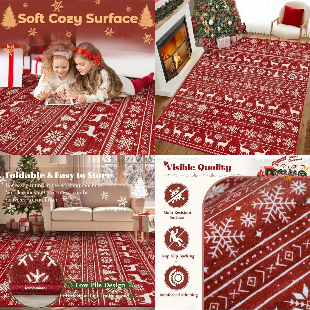 

6x9 Bohemian Christmas Tree Snowflake Rug, Soft Low Pile, Non-Slip, Washable, Ideal for Holiday Decor in Living Spaces