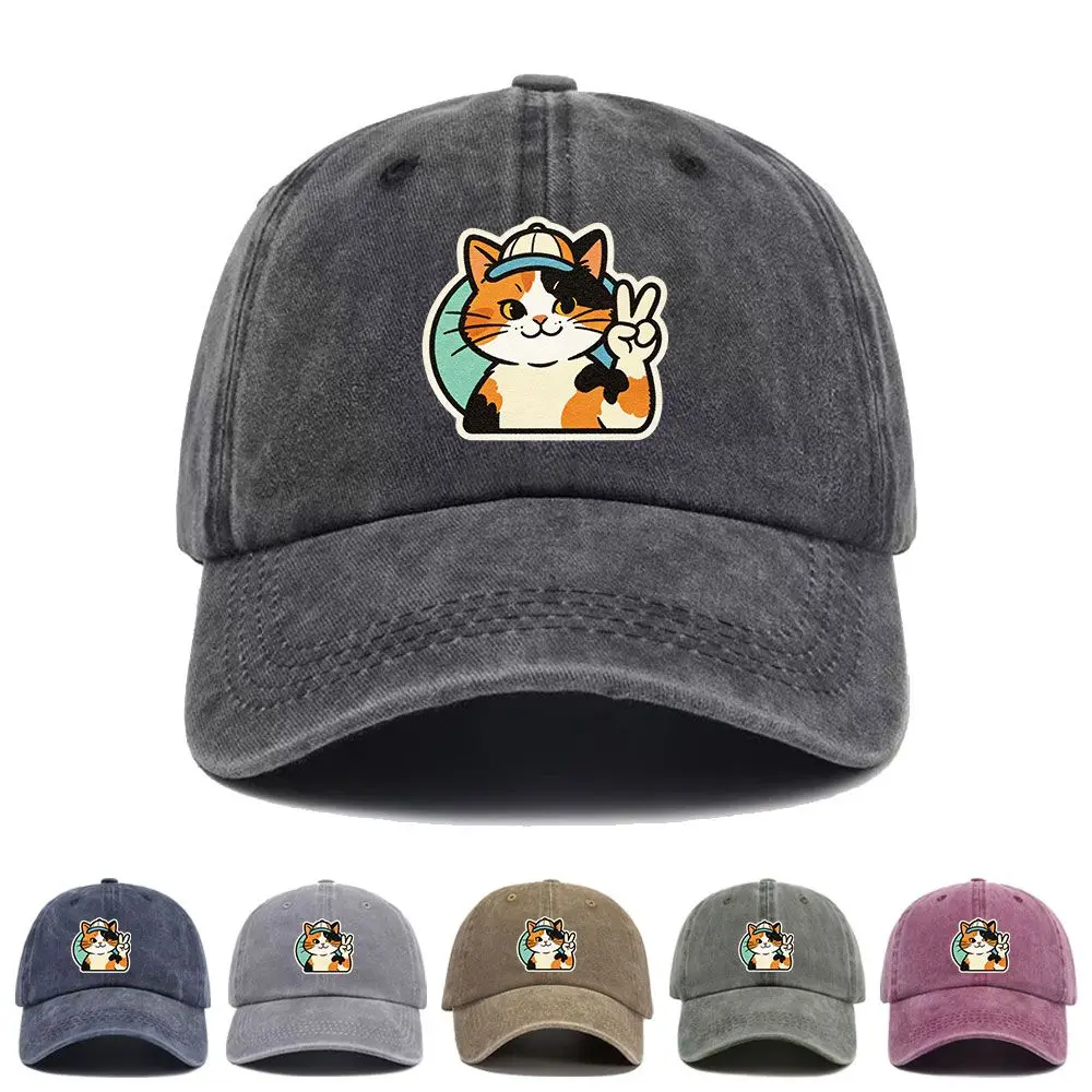 Vintage Washed Baseball Cap Cute Peace Sign Cat Print Graphic Unisex Streetwear Casual Trucker Style Summer Cotton Sun Hat