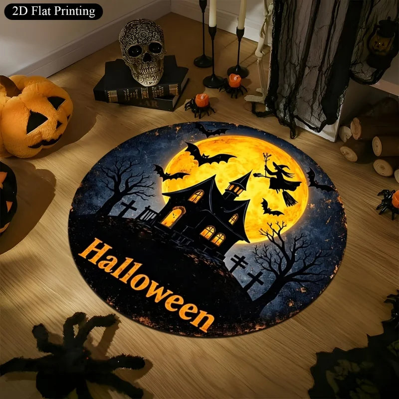 Skeleton Hand Pumpkin Halloween Round Rug,Fall Leaf Spooky Printed Circular Floor Mat,Indoor Holiday Home Decor
