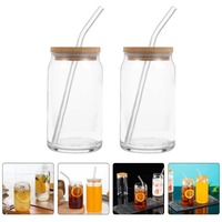 1pc Glass Cups with Bamboo Lids and Straw 450ml Mason Jars Coffee Mug Beer Can Shaped for Cocktail Whiskey Milk Juice Cola Mug
