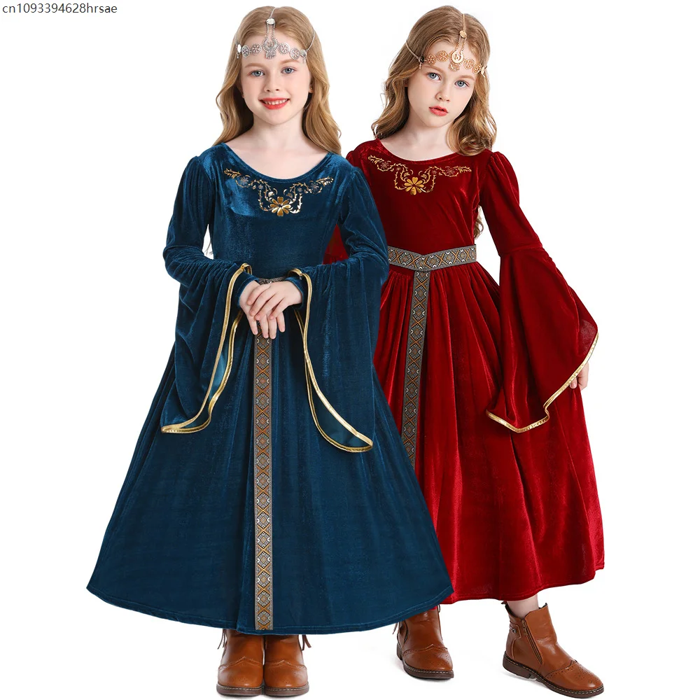 

children Renaissance Medieval Dress Robe Costume for Girls 4-12T Red Blue With Headpiece 3pcs/set 2025
