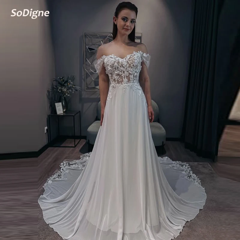 

SoDigne A-line Chiffon Wedding Dress Sweetheart Off Shoulder Appliques Bride Dresses Long Bridal Gowns Robe De Mairee Customized