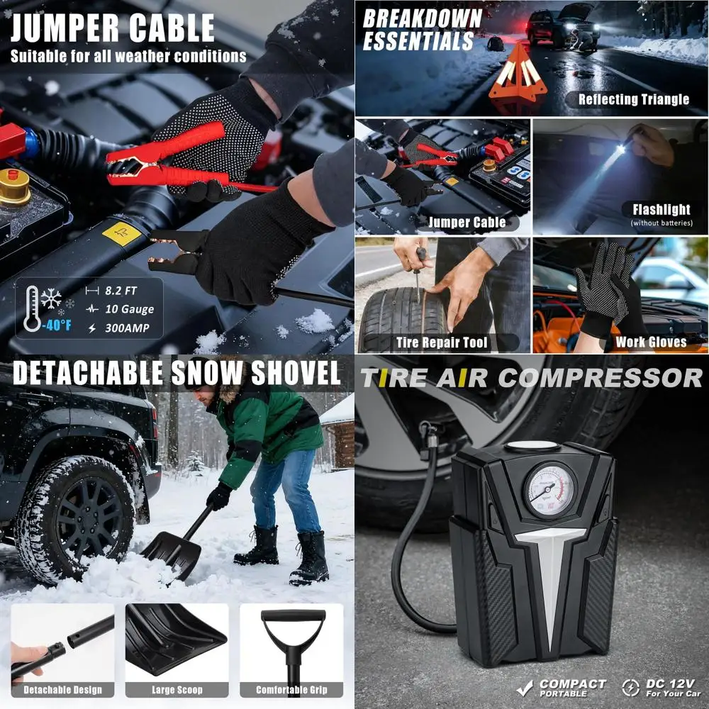 

AUTODDECO Roadside Emergency Car Kit Winter Road Trip Assistance Vehicle Safety Kit with Air Comperss, Detachable Snow Shovel, J