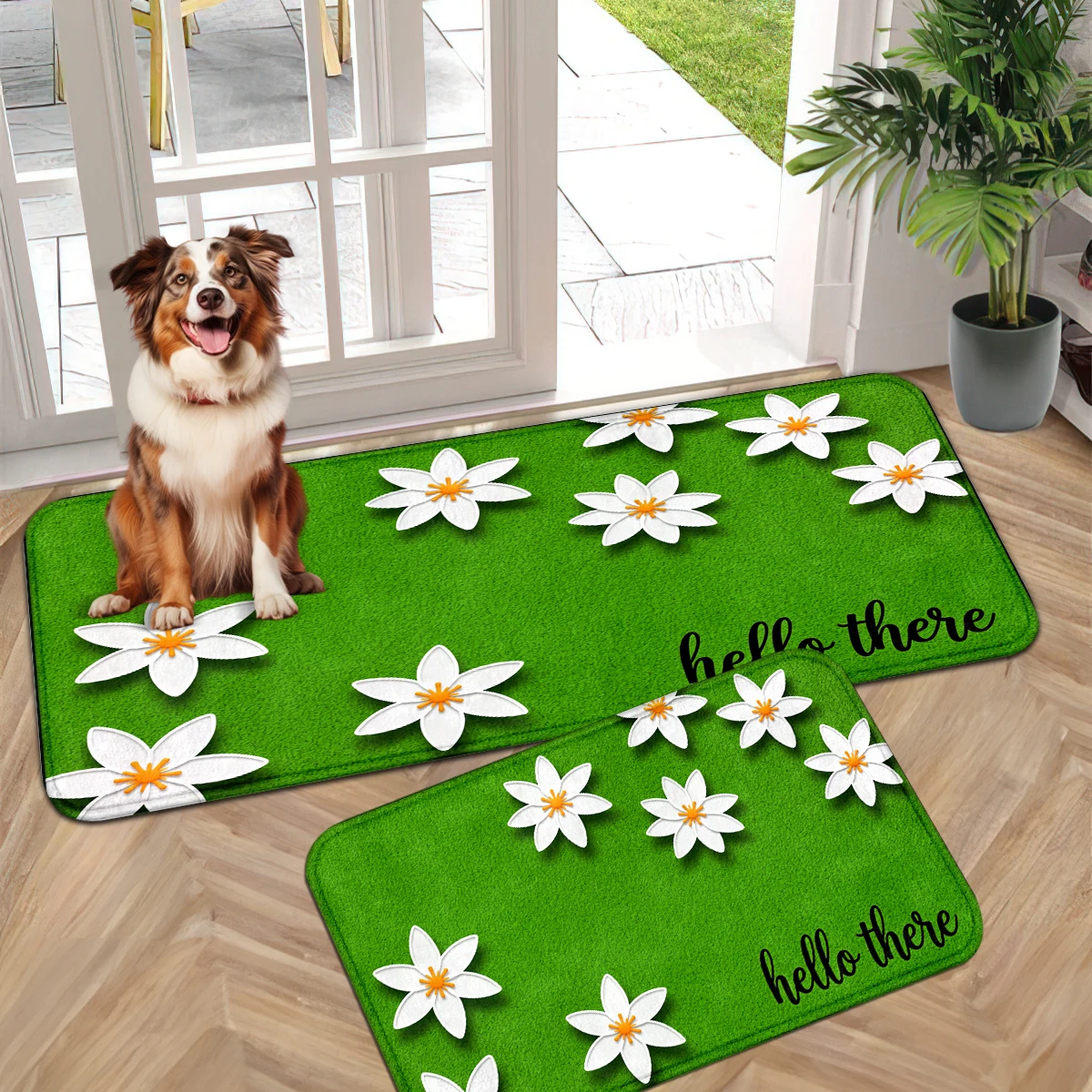 Fresh Daisy Mat, Pink Ink Floral Door Mat, Watercolor Flower Rug, Retro Graffiti Mat, Green Hello There Text Floral Decor Set.