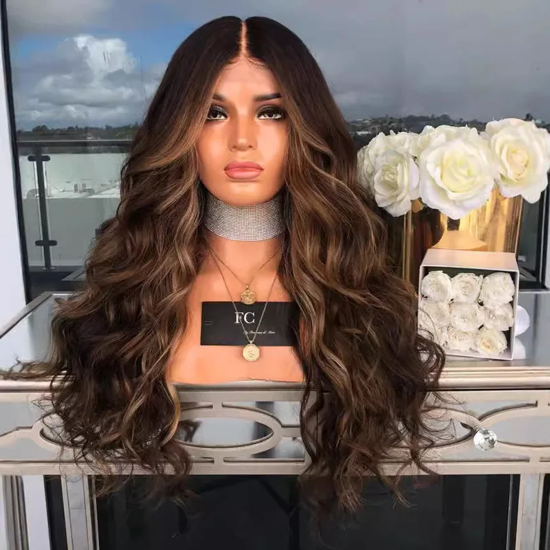 European and American wig, COS middle-parted large wavy mixed brown hairstyle, Halloween