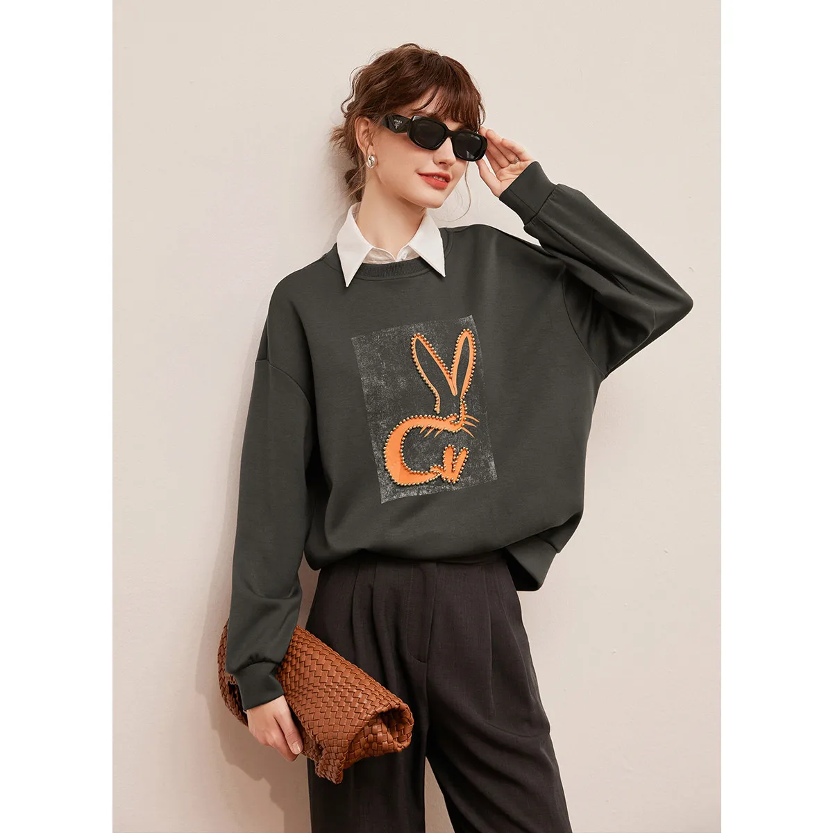 LOUIS YAO 2025 Autumn Color Blocked Printed Nail Bead Hoodie Relaxation Hoodie Head Dropped Shoulder Sleeve Women's Hoodie