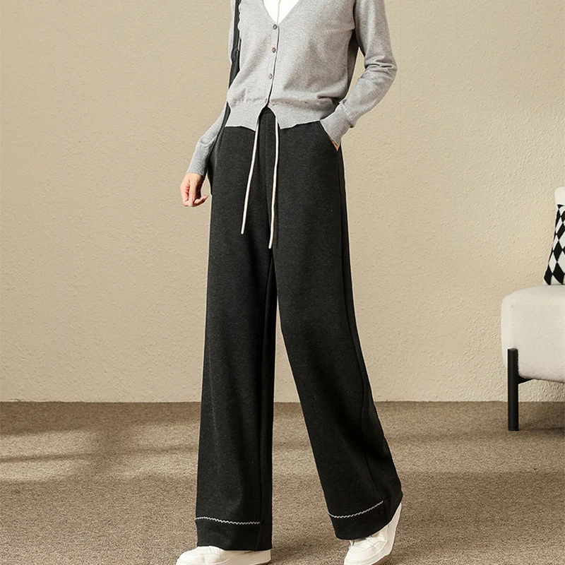 

Woman Korean Office Lady Straight Leg Pant Chic Stripe Baggy Woolen Pants Autumn Winter Thicken Warm Drawstring Casual Trousers