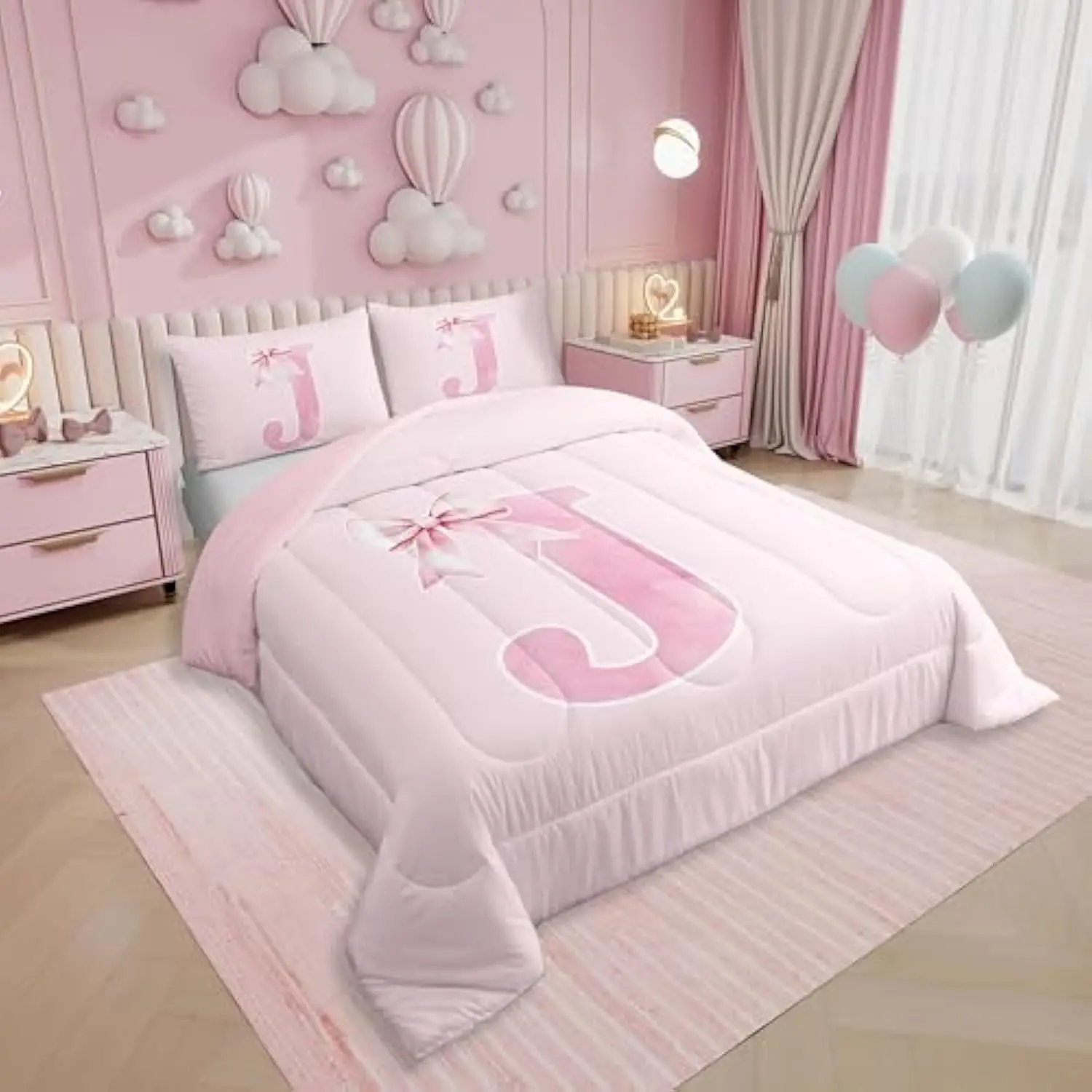 

Monogrammed Gifts Comforter Set King for Women,Initial Bows Bedding for Girls,Letter J Quilt,Coquette Trendy Birthday Gifts fo