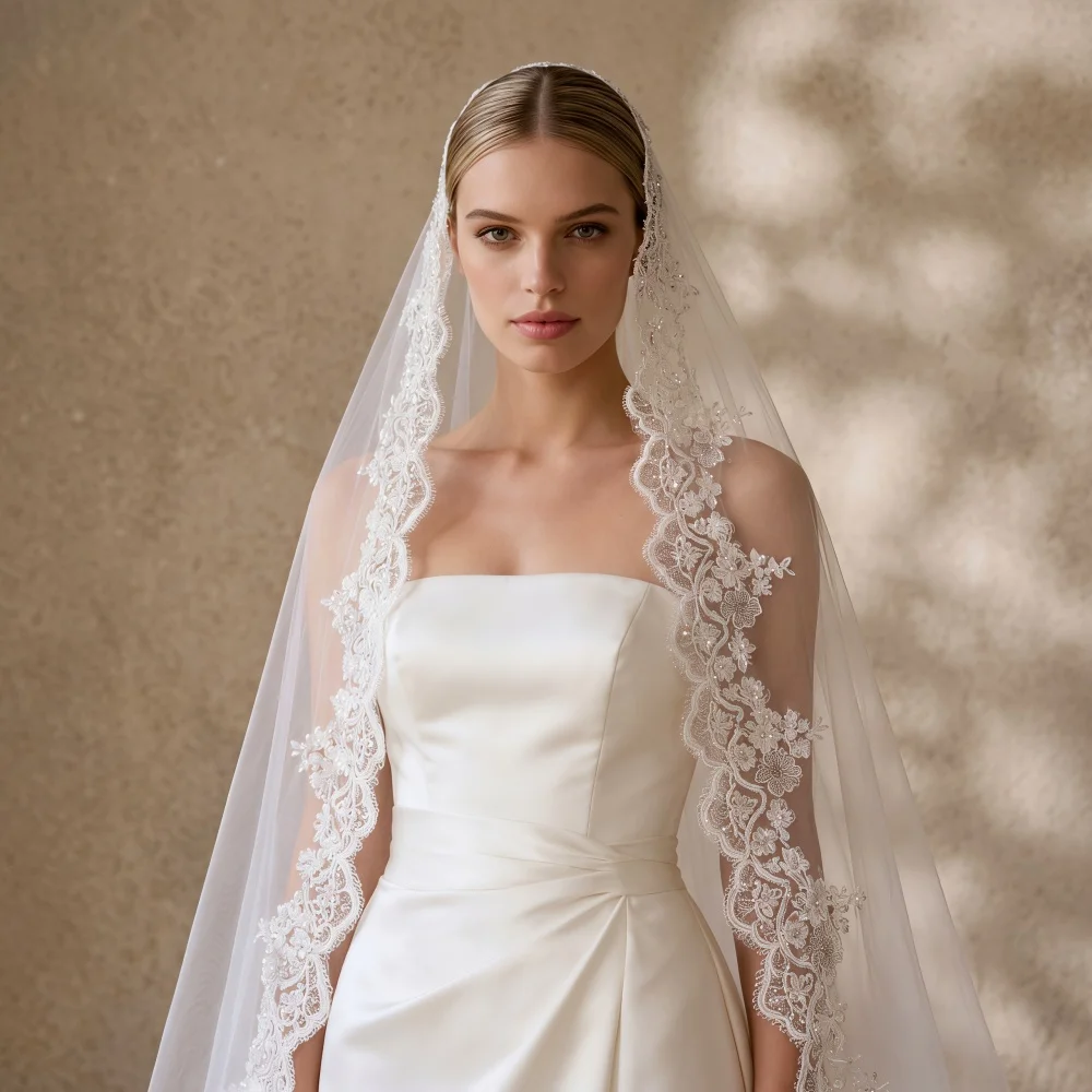 Mantilla Bridal Veil Lace Trim Edge Tulle Wedding Veils With Comb Cathedral Length Trailing Veil Wedding Accessories For Bride