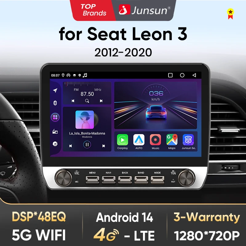 Junsun 10 Pulsante Autoradio per Seat Leon 3 2012-2020 GPS Multimediale Stereo BT FM RDS Wireless CarPlay per Apple Android Auto 4G