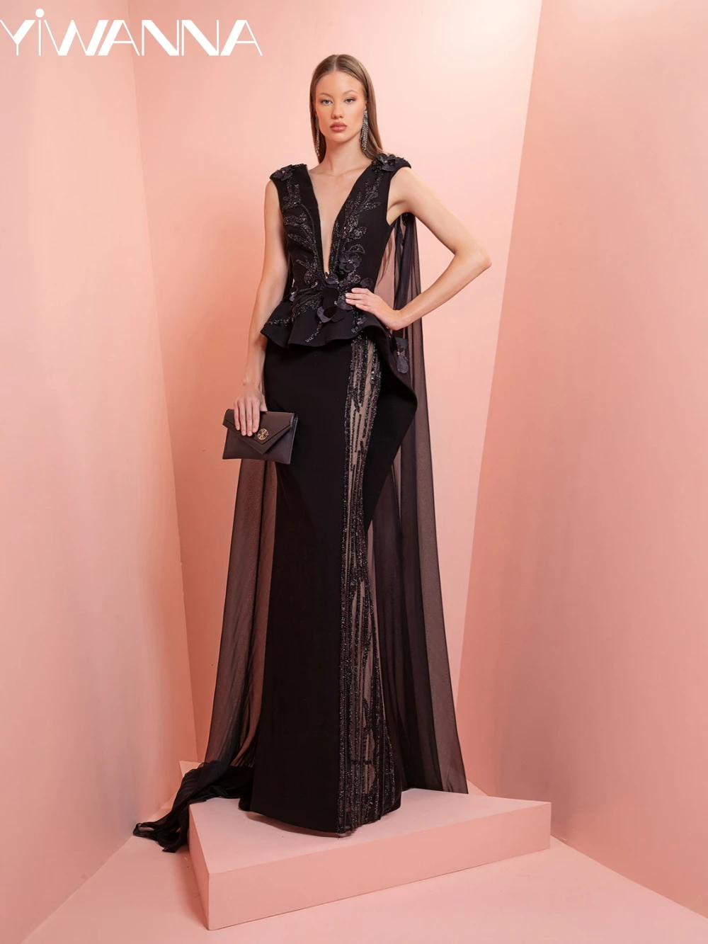 

Black Beaded Mermaid Long Evening Dress With Cape Elegant 3D Flower Wedding Party Gown Customized Deep V-neck Prom Dresses