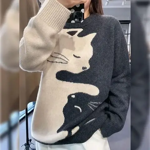 Frauen Herbst Winter Tier Katze Kawaii Pullover Dicken Langarm Print Bottom Shirt Mode Lässig Vielseitig Stricken Dame Tops