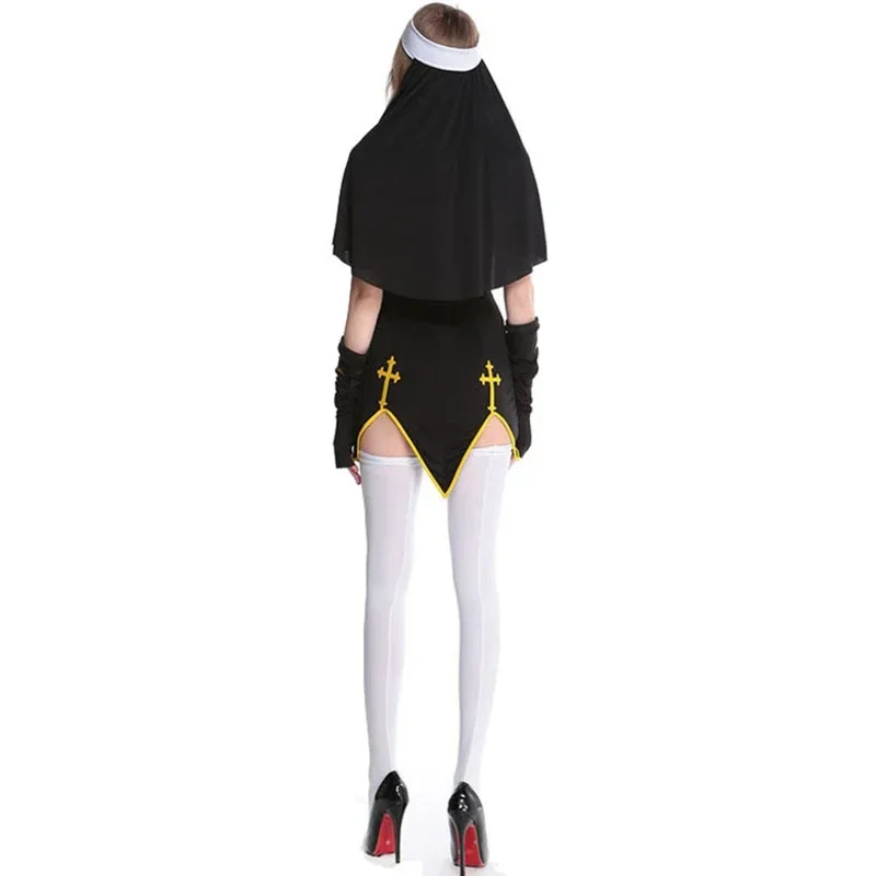 Set completo Sexy cattiva abitudine Costume da monaca donne esotico gioco di ruolo uniforme adulto Halloween Cosplay sorella religiosa vestito operato