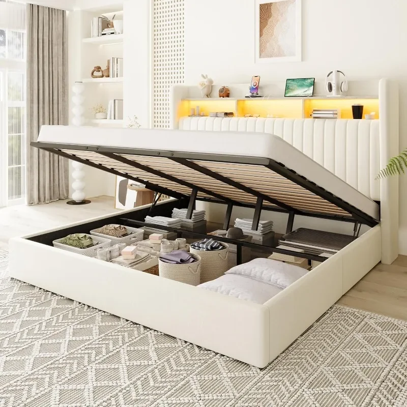 Allewie King Size Lift Up Hydraulic Storage Bed Frame,2-Tier Shelf Headboard with LED Lights and Charging Station,USB and Type C