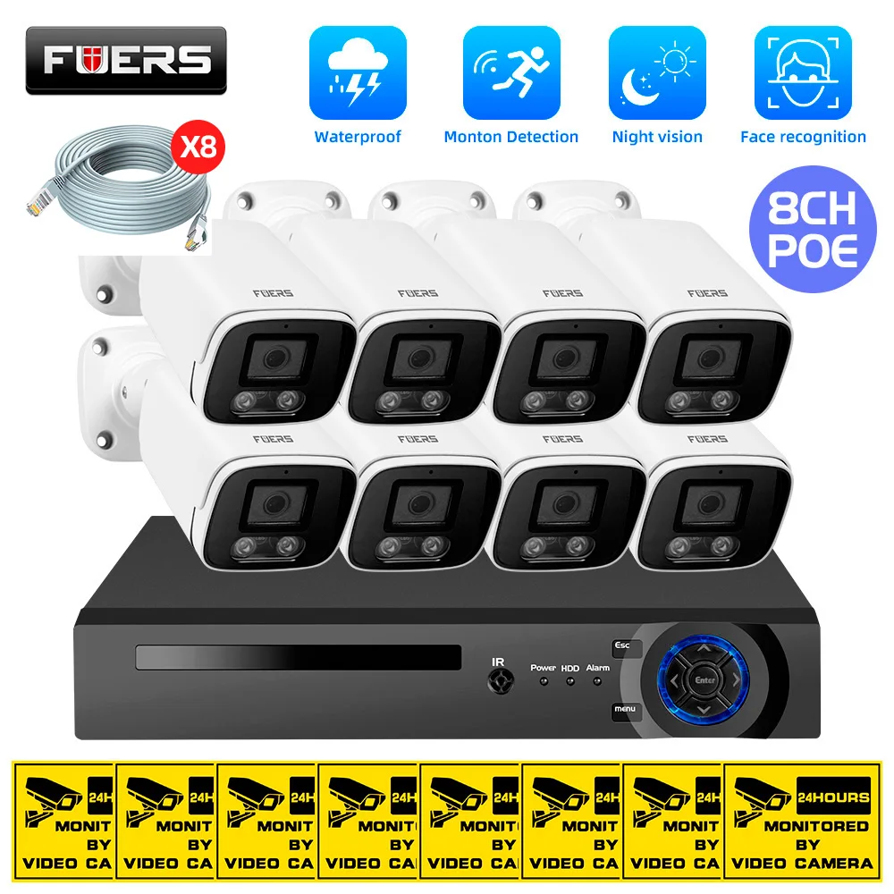 FUERS 4K 8CH 4MP 8MP Camera System Video Surveillance Kit Face Record NVR Security Camera  Outdoor  Full Color Night Home