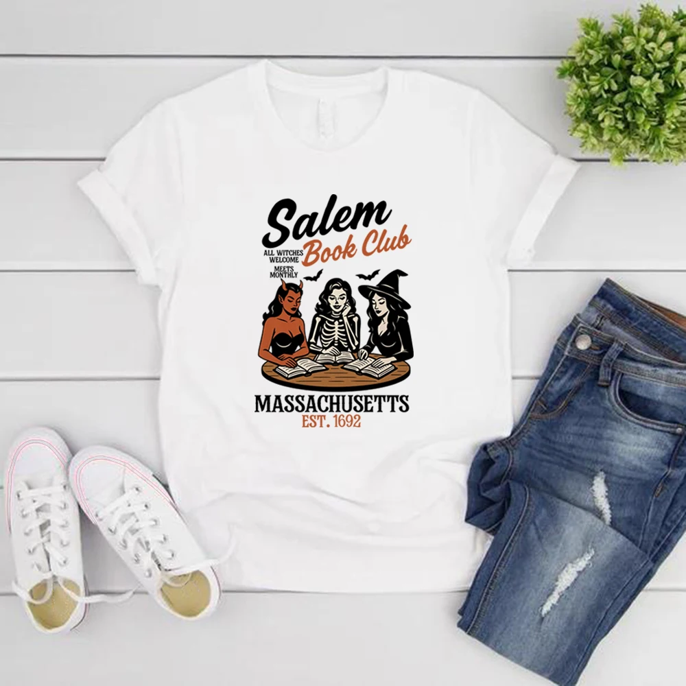 

Witchy Book Club T-Shirt Spooky Girl Reading Tshirt Book Lover Halloween T-shirt Casual Women Graphic T Shirts Witches Salem Tee