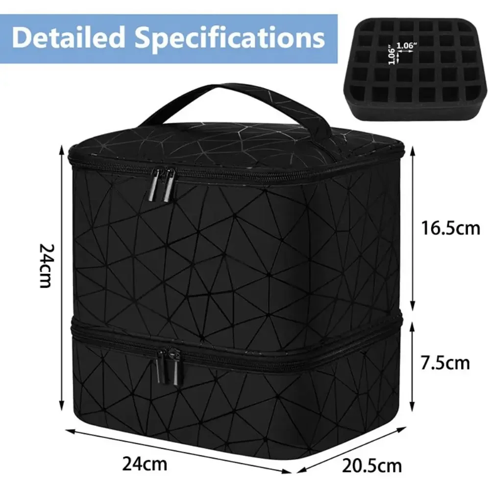 30 Grids Nail Organizer Black/Pink Double Layer Manicure Bag with Handle PU Nylon Makeup Bag Cosmetic Organizer Bag Handbag