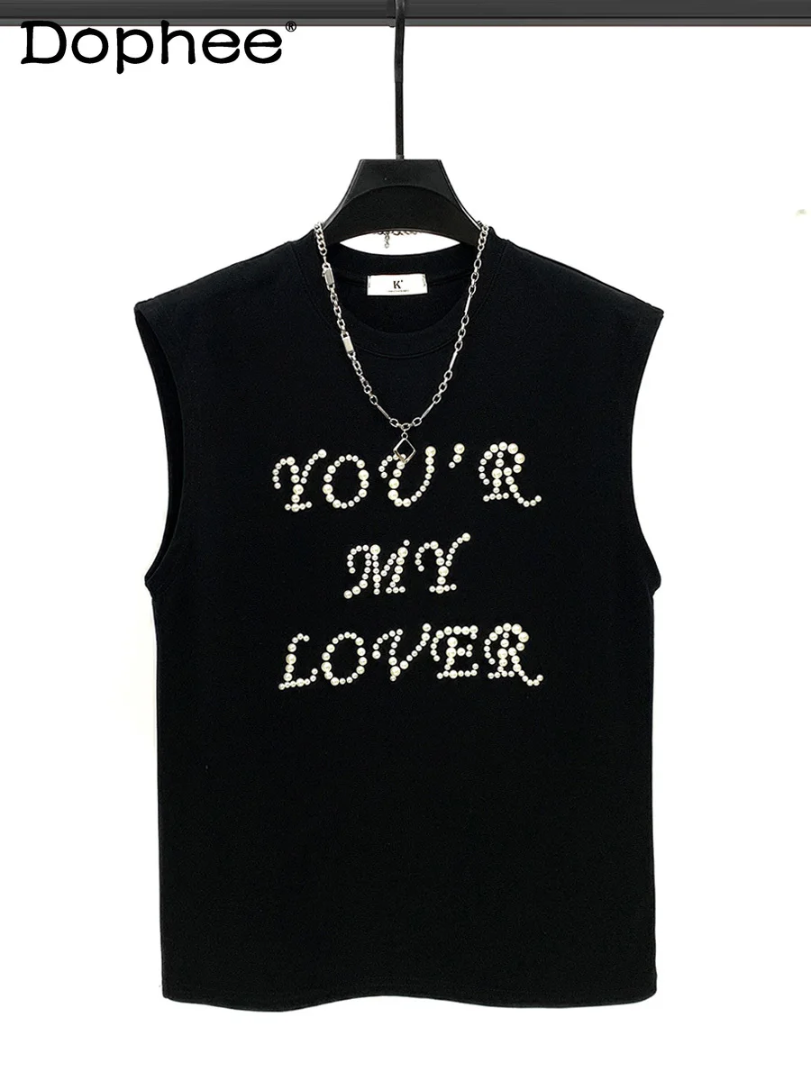 

Summer New Pearl Design Sleeveless Round Neck Vest Men 2025 Fashion Trend Versatile Casual Youth Trend Loose T-Shirt
