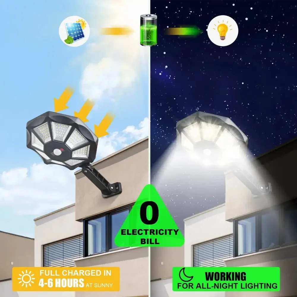 Luzes solares impermeáveis com sensor de movimento, iluminação exterior, luzes de inundação, jardim e lâmpada de rua, 12h, 168 LED