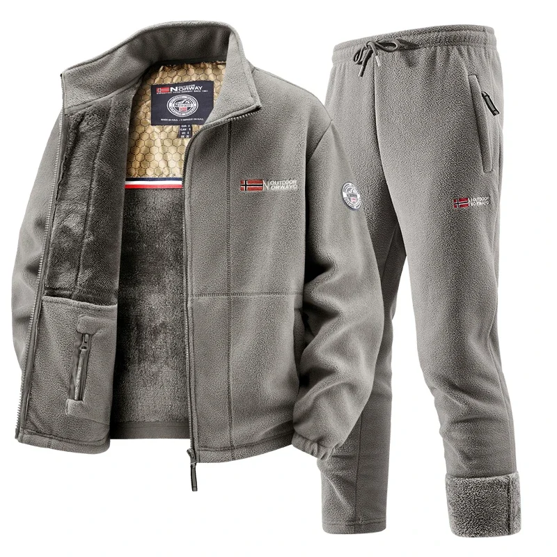 Mens Winter Fleece Tracksuit Set Thickened Thermal Jacket & Pants 2 Piece Suit Retro Sportswear for Ski Running Training