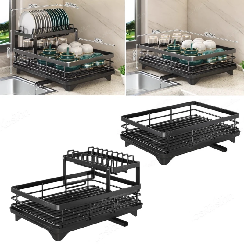 Dish Drying Rack 1/2Tier Kitchen Plate Organizer Drainage Countertop Cutlery Storage Holder Tableware Bowl Stainless Steel Shelf