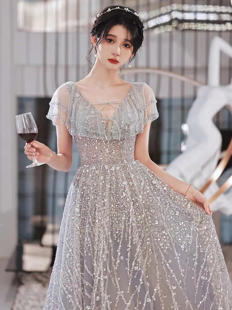 Sexy Celebrity Banquet Dress Women Qipao Chinese Dress Perspective Rhinestone Beads Evening Party Dress Elegant Vestidos