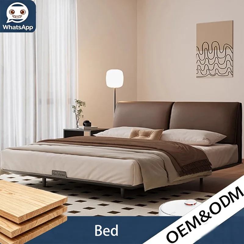 Italian Light Luxury Elephant‑Ear Floating Bed, Walnut Color Solid Wood King Queen Size Eco‑Friendly Modern Double Bedroom Bed