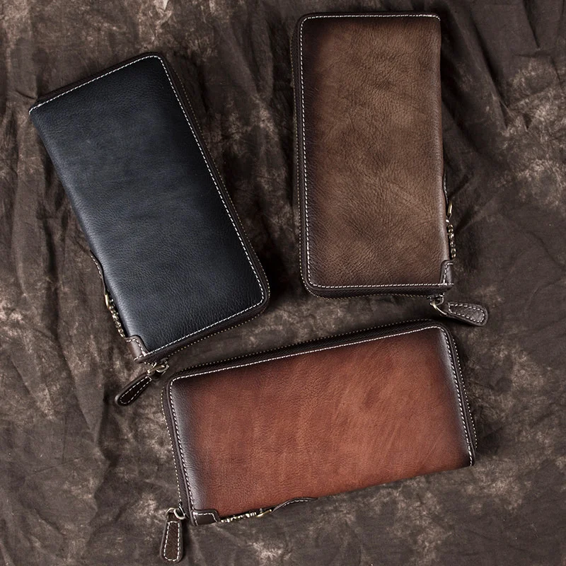 GAGACIA Men's Wallet Genuine Leather Zipper Clutch For Men Vintage Multi-function Cowhide Purse Retro Long Wallets Male Purses