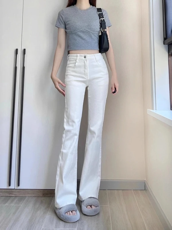 Celana Jeans Wanita Putih Slim Fit High Waist Bell Bot Ukuran Besar Musim Panas Tipis Model Lurus Panjang Menyentuh Lantai