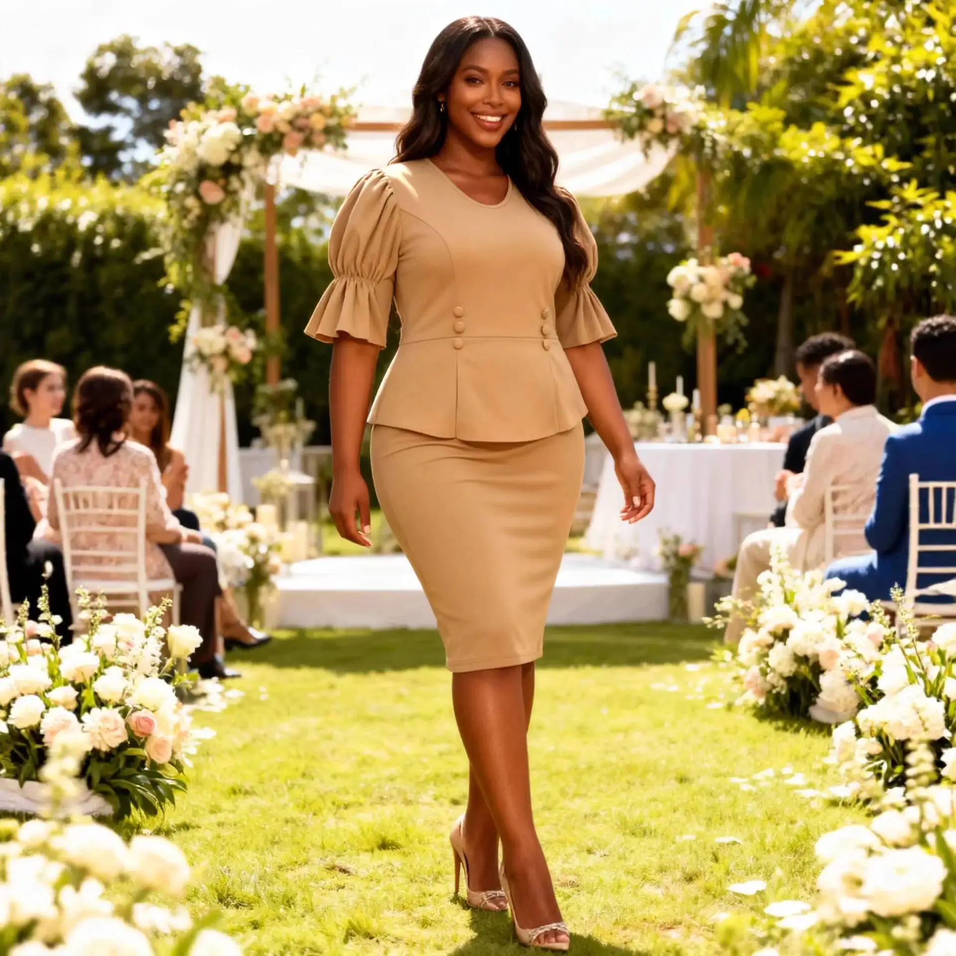 Plus-size Women's Dress With Ruffles, Slimming Effect, Puff Sleeves, Double-breasted, Elegant For Commuting And Banquets Y2K