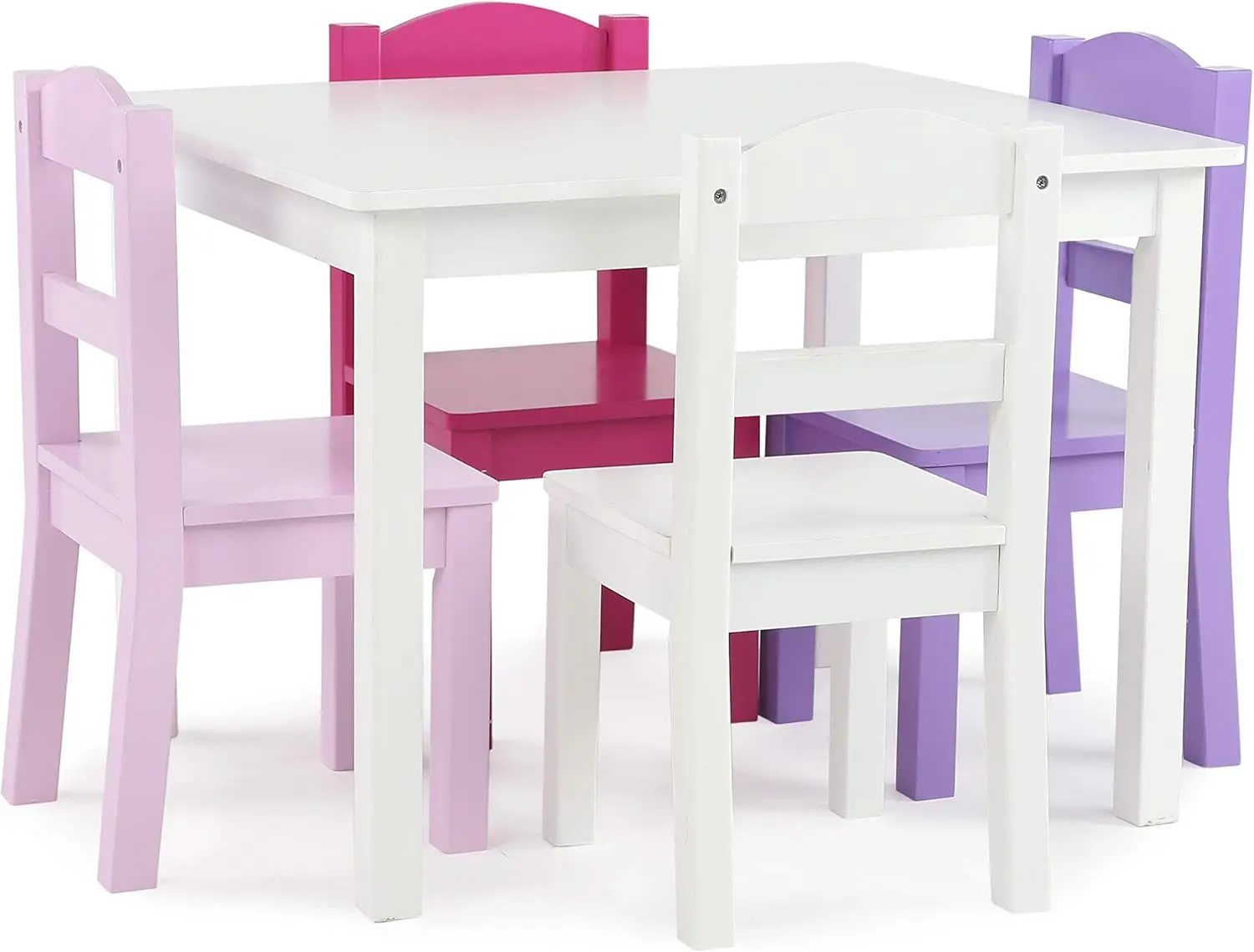 

Kids Wooden Table and 4 Chairs Set in White/Purple/Pink - Sturdy Toddler Activity Furniture for Arts, Crafts, and Snack Time