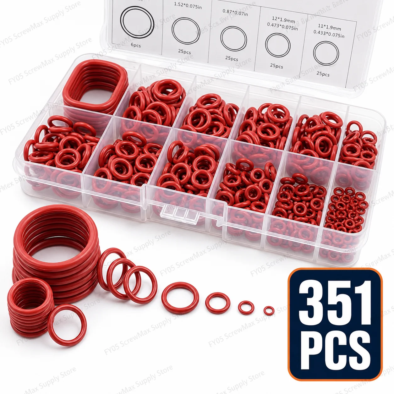 351pcs Silicone O-Ring Set, 10 Sizes, Oil and Heat Resistant, Suitable for Cars and Pipelines
