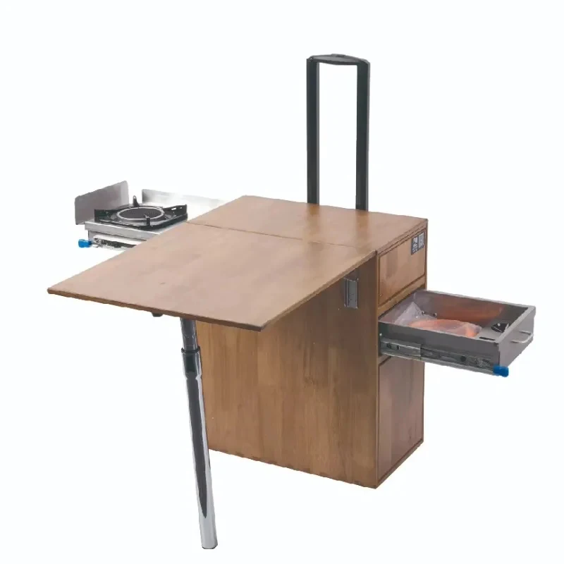 high quality Outdoor Wooden Multifunctional Mobile Kitchen with Trolley and Wheel GR-C00B