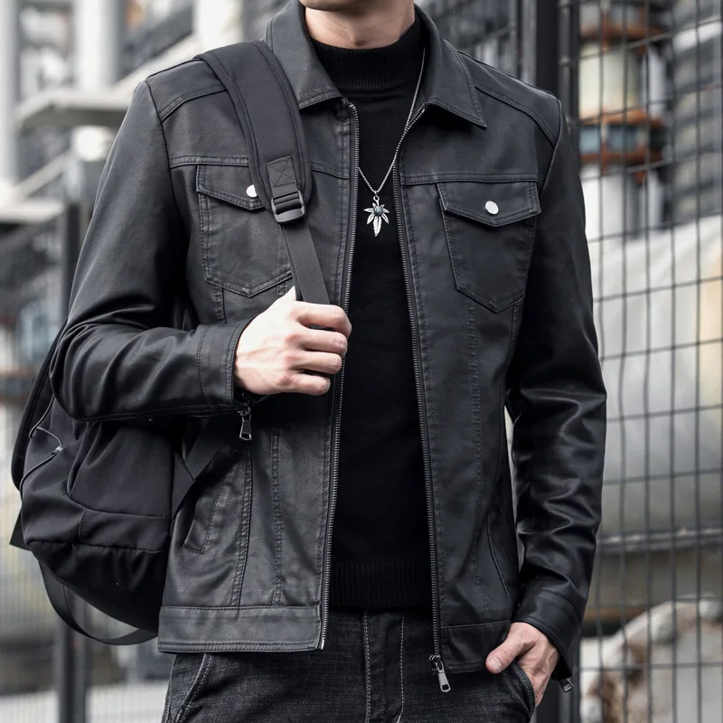Large Size Leather Jacket Men's Fleece Thickened Korean Version Casual Lapel Locomotive Suit Men's Leather Jacket