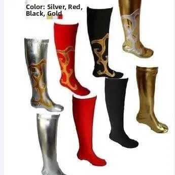 Mongolian Performance Dance Boot Covers High Elasticity Red Gold Black Patterned Shoe Covers Tibetan Ethnicity Stage Costumes