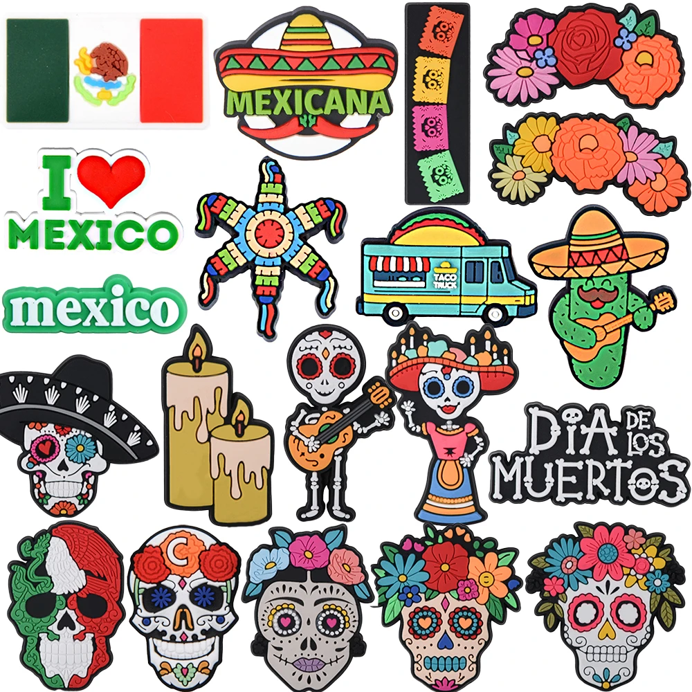 1/6/9/20pcs Mixstyle Mexico Flags Shoe Charms Horror Flower Skeleton Shoe Decoration Anime Cactus Pin Clog Charms Party Favor