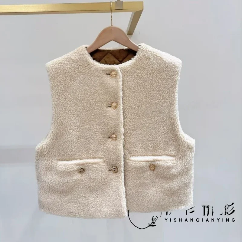  Lamb Fur Vest Double-Sided Wear Single-Button Autumn Winter Faion Outerwear round Ne Commute Sle Pure Color