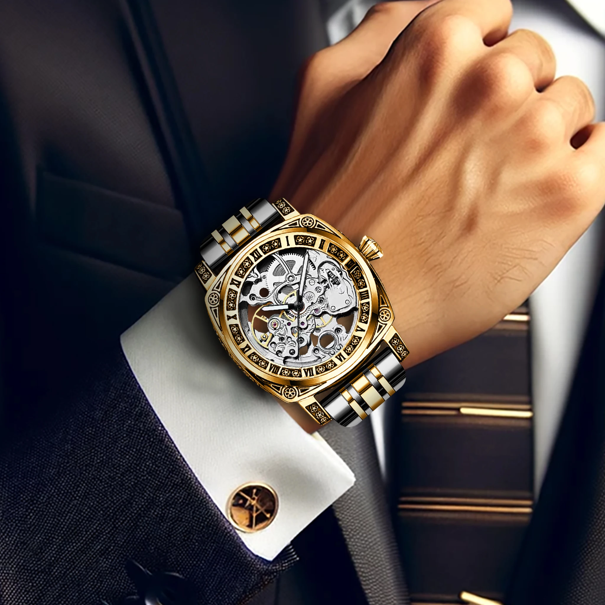 New men's watch room with golden white steel strip, business style, mature night light carving, fully automatic mechanical watch
