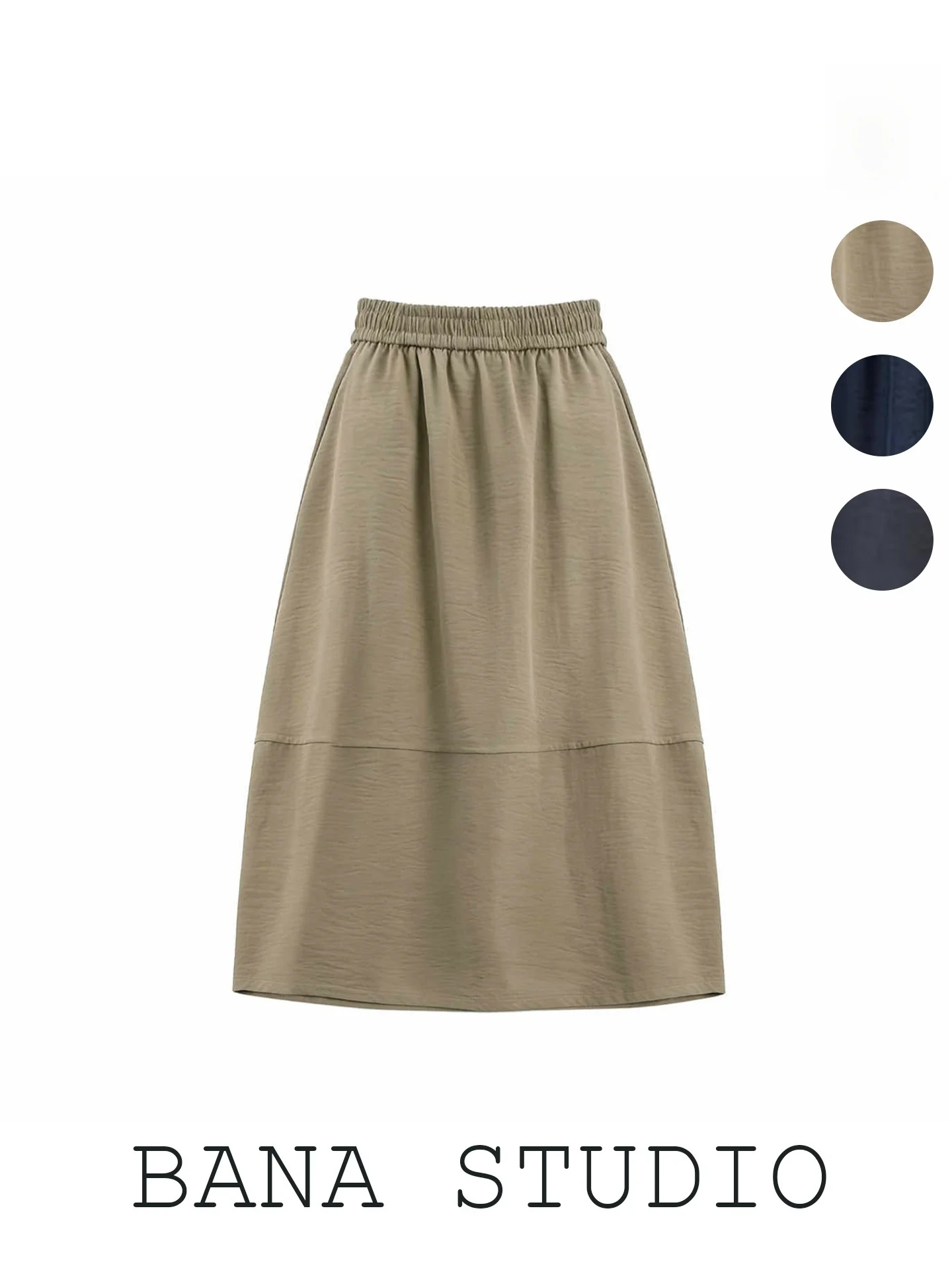 Khaki A-Line Midi Skirt Women's Summer 2026 New Long Half Skirt Drapey Style Casual High Waist Polyester Fiber City Commute