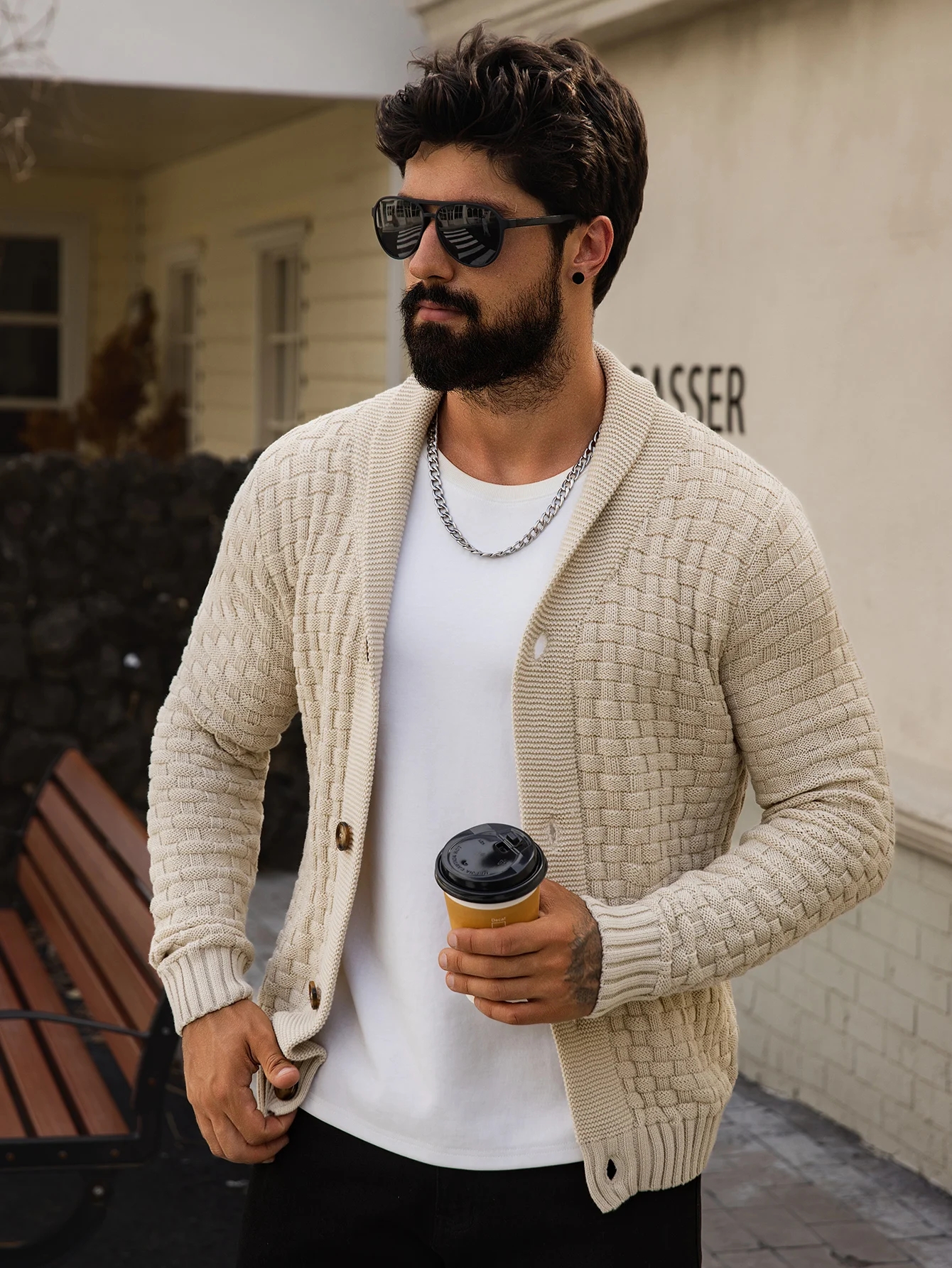 Men's Autumn Winter Cardigan Sweaters Warm Knitted Open Front Long Sleeve V-Neck Pullover in Solid Color for Men